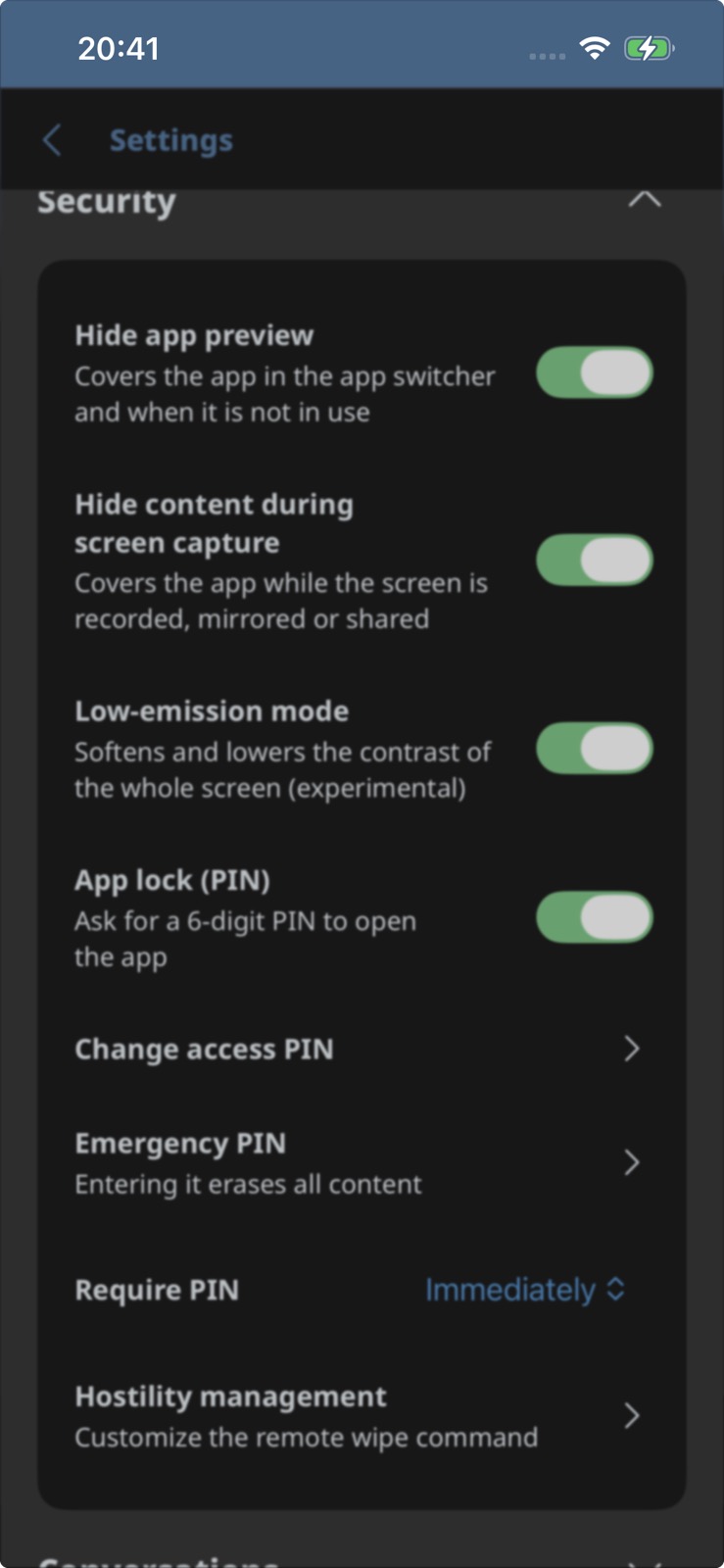 Security settings screen
